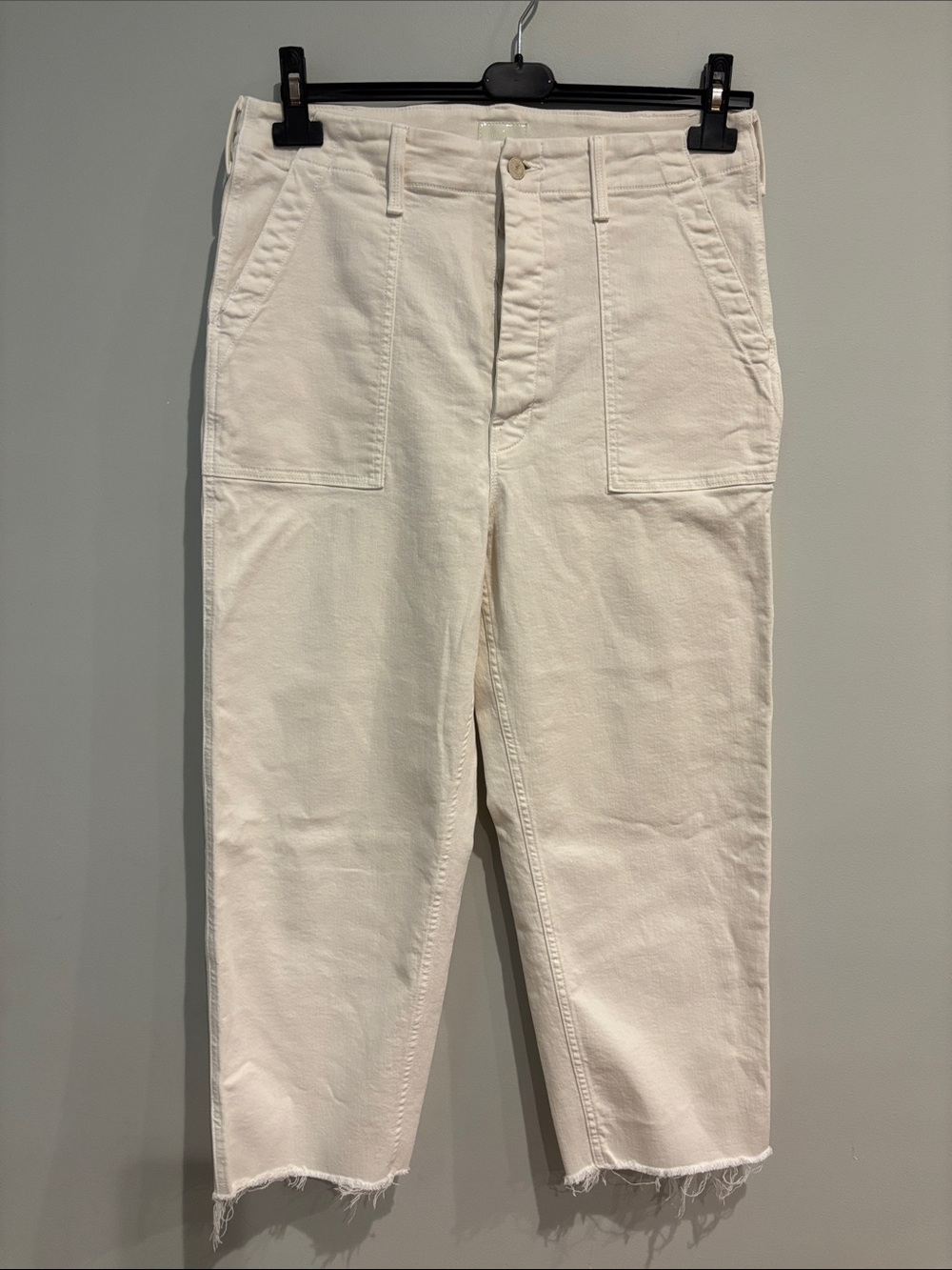 MOTHER Denim Patch Pocket Ankle Fray Jeans Cream Off White Sz 31